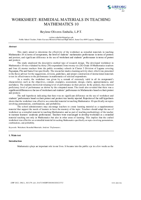 (PDF) Worksheet Remedial Materials in Teaching Mathematics 10