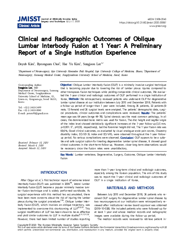 (PDF) Clinical and Radiographic Outcomes of Oblique Lumbar Interbody ...