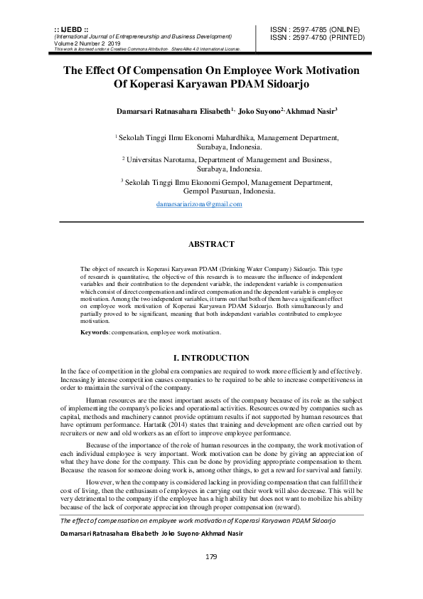 (PDF) The Effect Of Compensation On Employee Work Motivation Of ...
