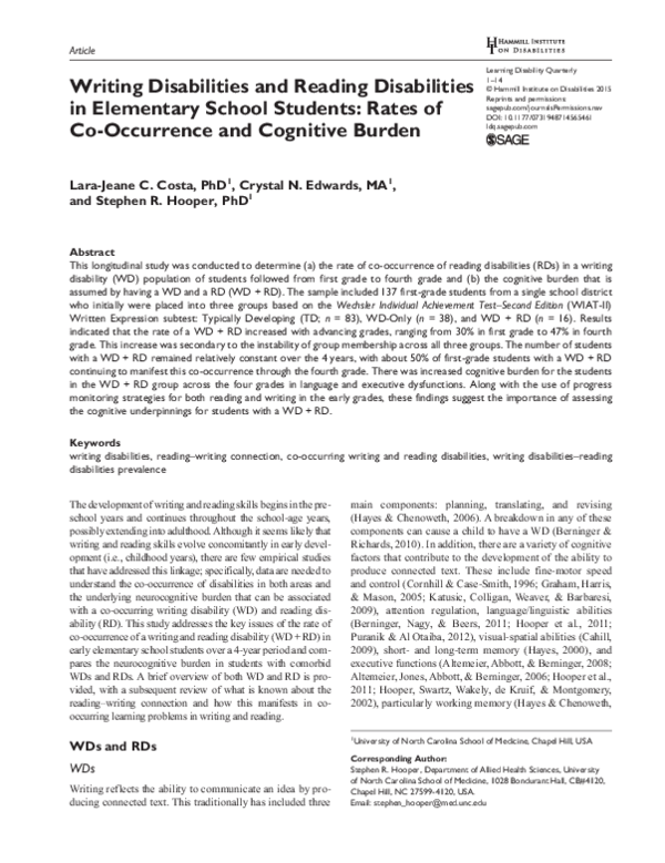 (PDF) Writing Disabilities and Reading Disabilities in Elementary ...