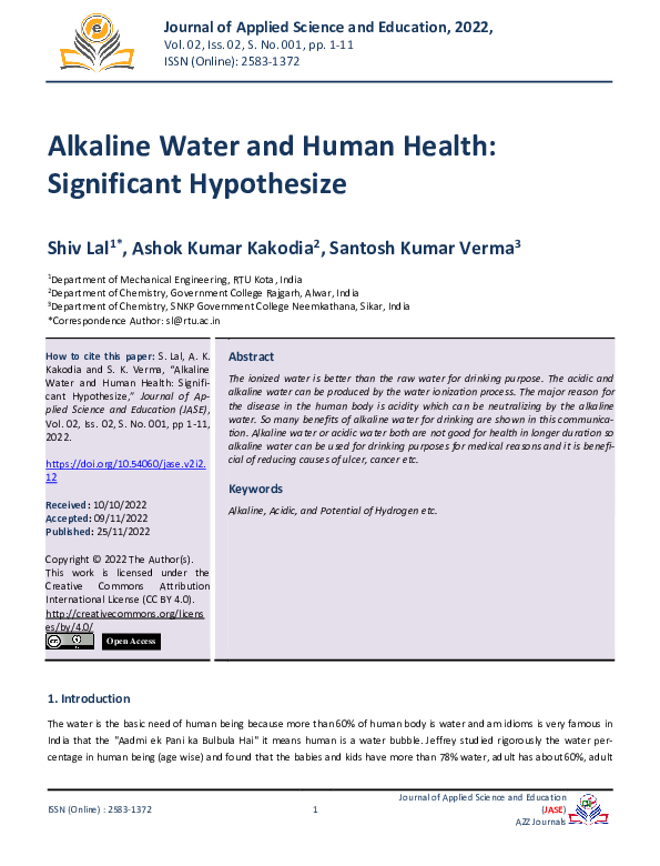 Alkaline Water and Human Health: Significant Hypothesize