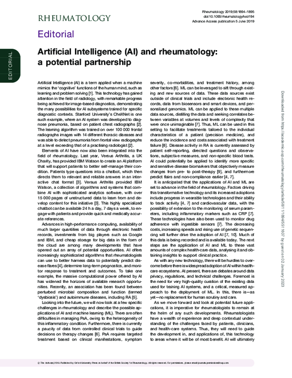 (PDF) Artificial Intelligence (AI) and rheumatology a potential