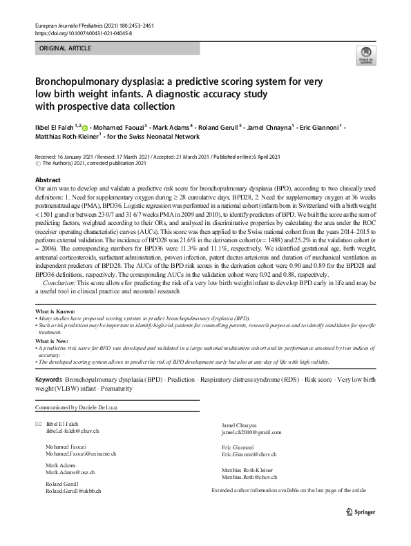 (PDF) Bronchopulmonary dysplasia: a predictive scoring system for very ...