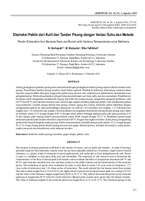 (PDF) Ekstraksi Pektin dari Kulit dan Tandan Pisang dengan Variasi Suhu