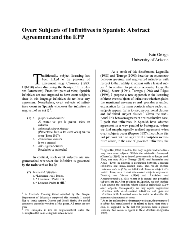 (PDF) Overt subjects of infinitives in Spanish: Abstract agreement and ...