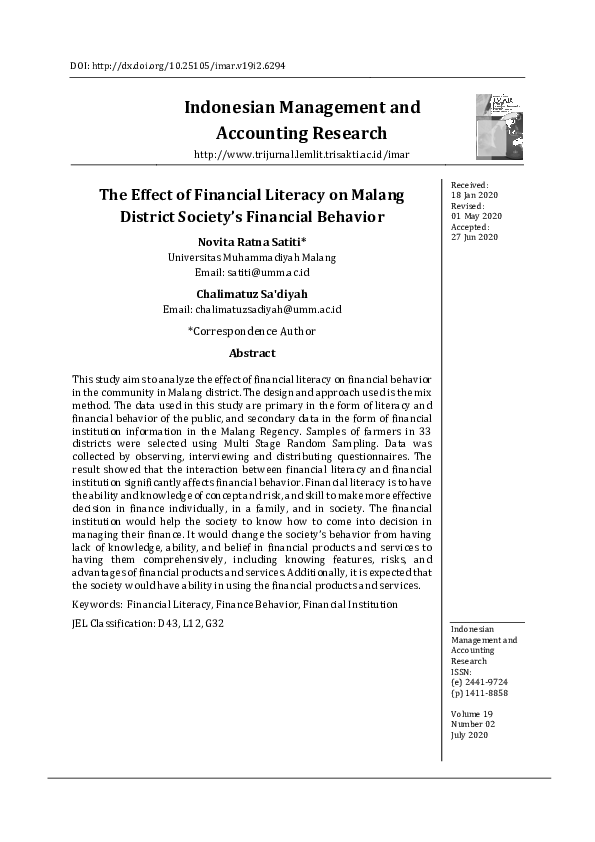 (PDF) The Effect of Financial Literacy on Malang District Society’s ...