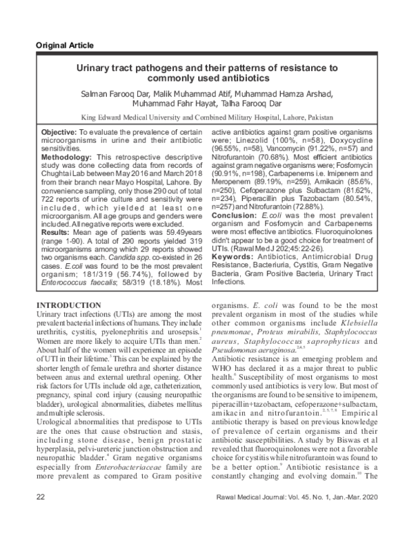 (PDF) Urinary tract pathogens and their patterns of resistance to ...