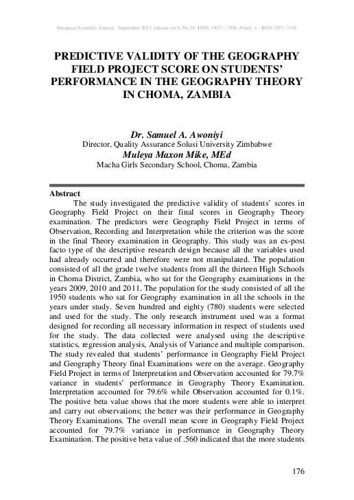 (PDF) Predictive Validity of the Geography Field Project Score on