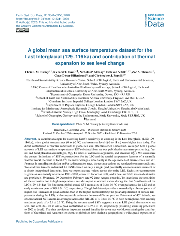 (PDF) A global mean sea-surface temperature dataset for the Last ...