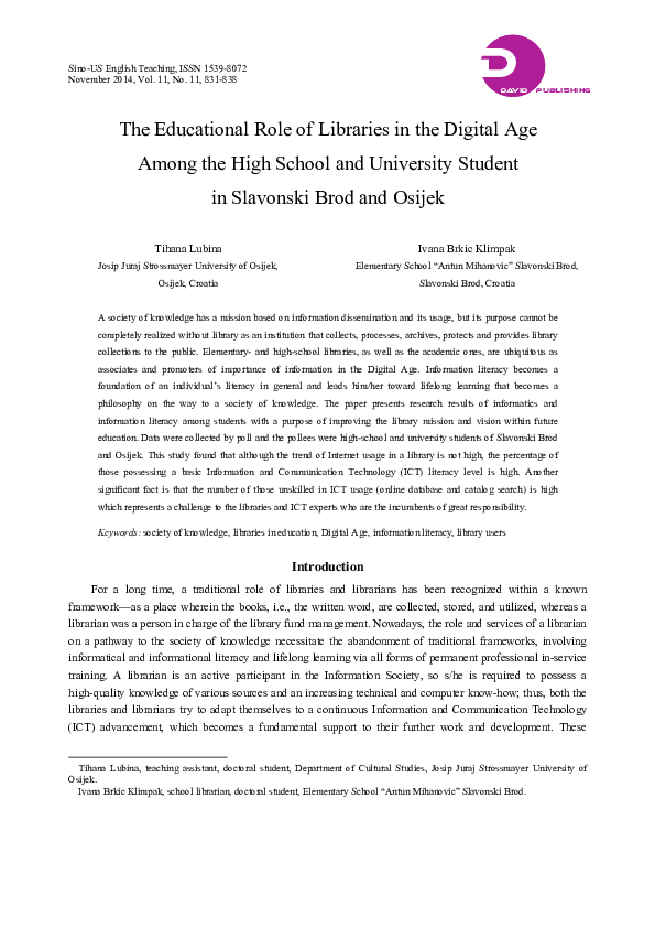 (PDF) The Educational Role of Libraries in the Digital Age Among the ...