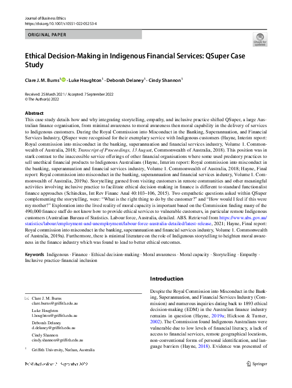 (PDF) Ethical Decision-Making in Indigenous Financial Services: QSuper ...
