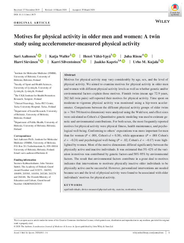 (PDF) Motives for physical activity in older men and women: A twin ...