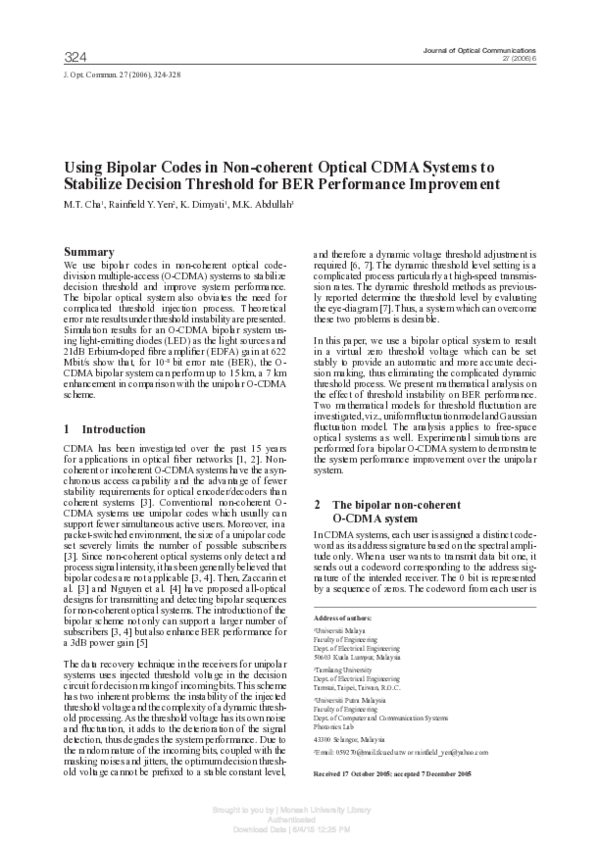 (PDF) Using Bipolar Codes in Non-coherent Optical CDMA Systems to ...