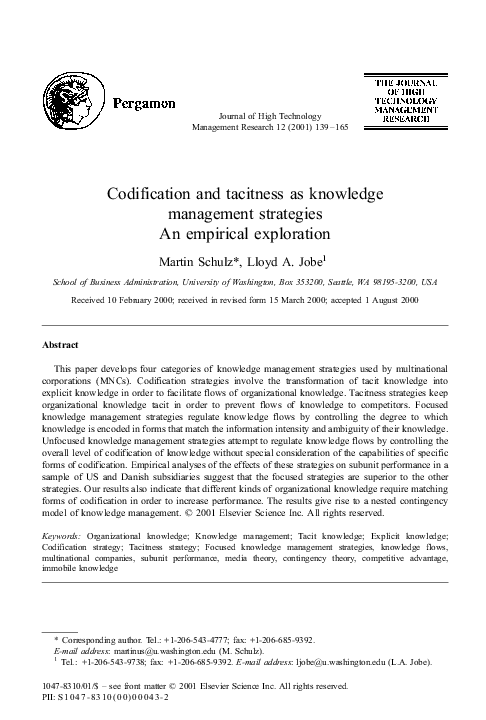 (PDF) Codification and tacitness as knowledge management strategies: an ...