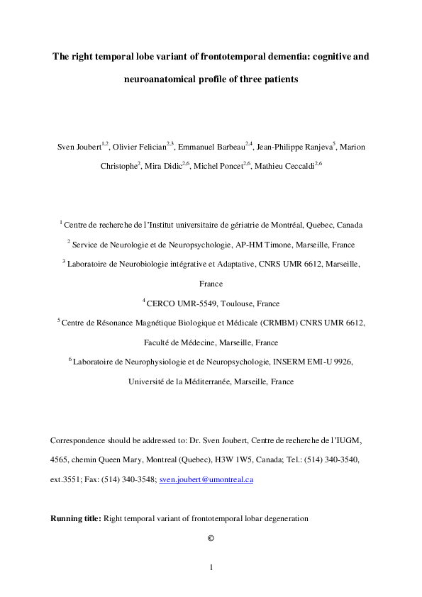 (PDF) The right temporal lobe variant of frontotemporal dementia