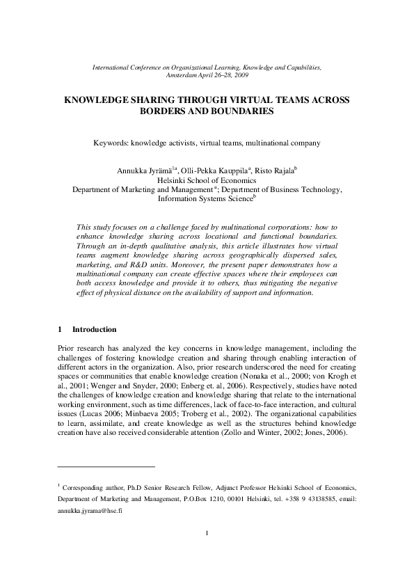 (PDF) Knowledge sharing through virtual teams across borders and boundaries