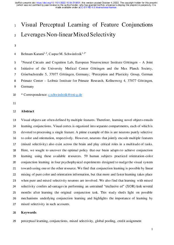 (PDF) Visual Perceptual Learning of Feature Conjunctions Leverages Non ...