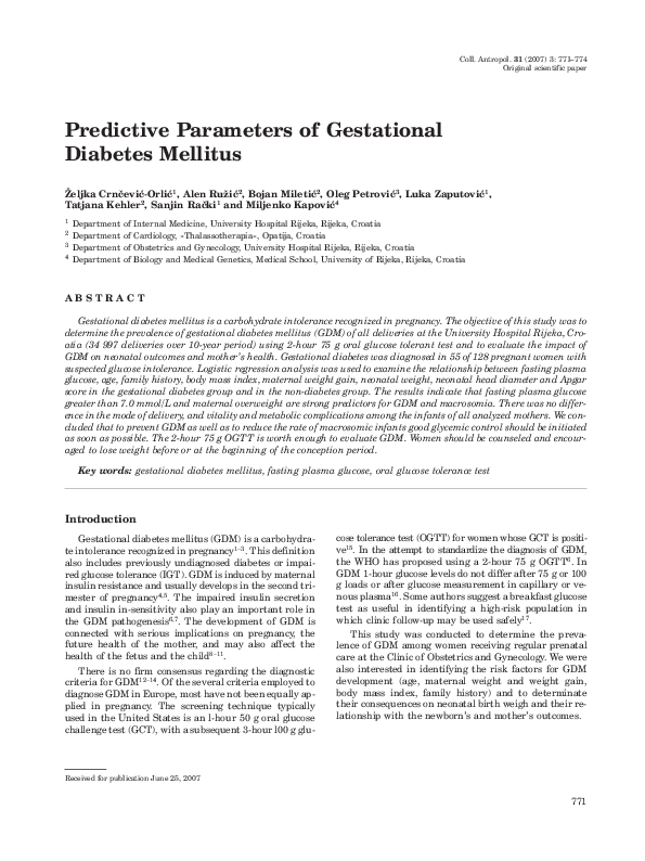 (PDF) Predictive parameters of gestational diabetes mellitus