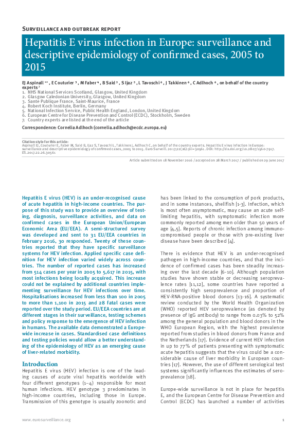(PDF) Hepatitis E virus infection in Europe: surveillance and ...