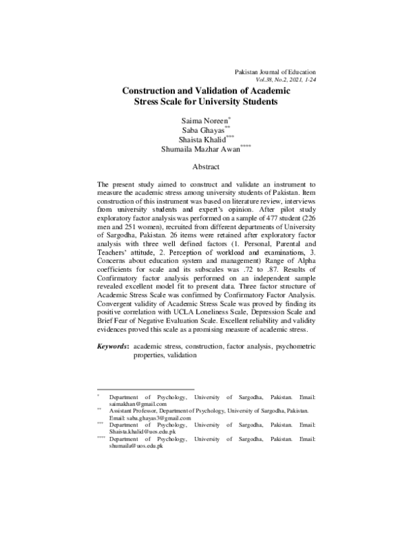 (PDF) Construction and Validation of Academic Stress Scale for ...