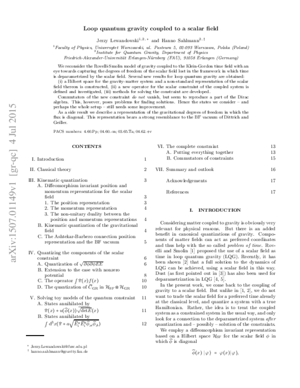 (PDF) Loop quantum gravity coupled to a scalar field