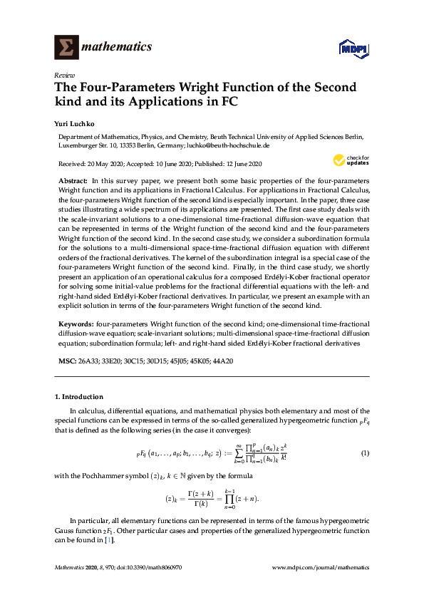 (PDF) The Four-Parameters Wright Function of the Second kind and its ...