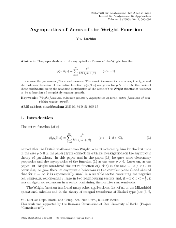 (PDF) Asymptotics of Zeros of the Wright Function