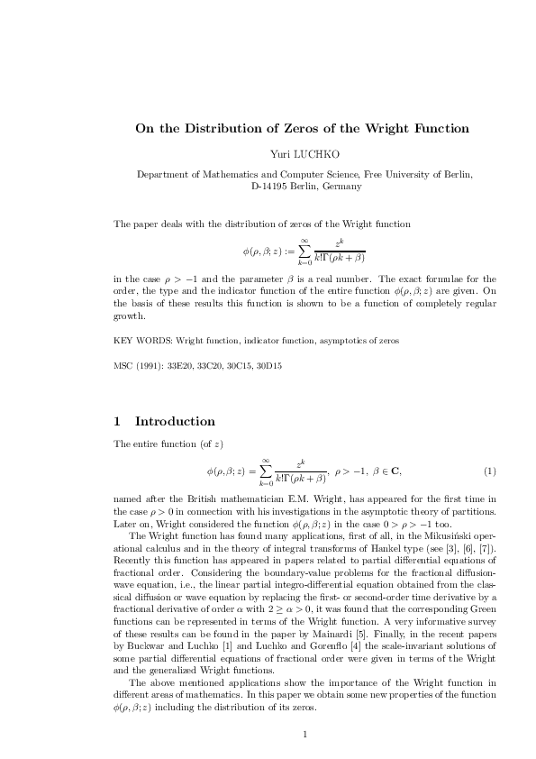 (PDF) On the distribution of zeros of the wright function