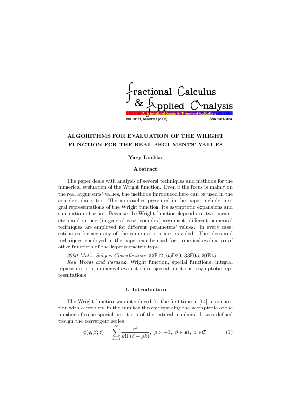 (PDF) Algorithms for evaluation of the Wright function for the real ...
