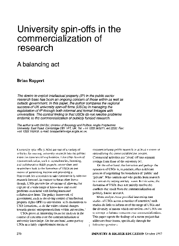(PDF) University Spin-offs in the Commercialization of Research