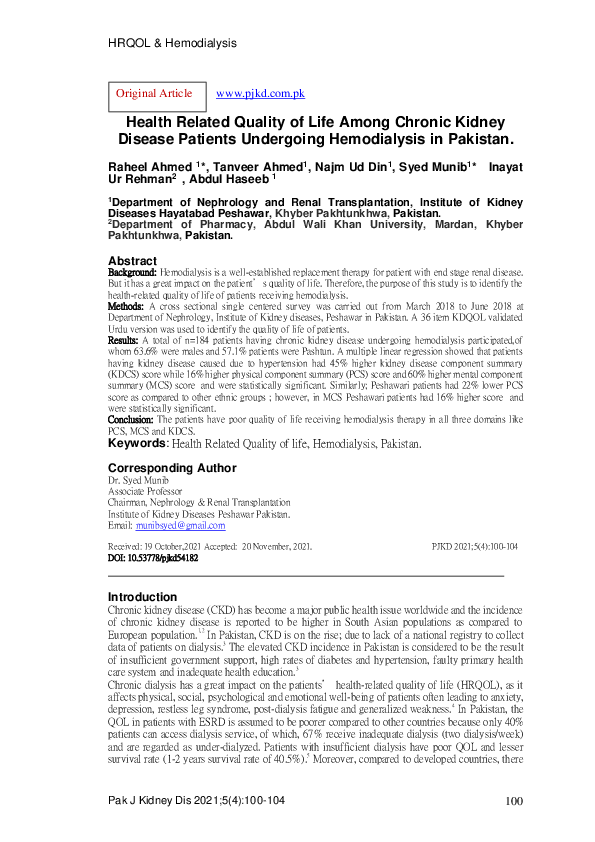 (PDF) Health Related Quality of Life Among Chronic Kidney Disease ...