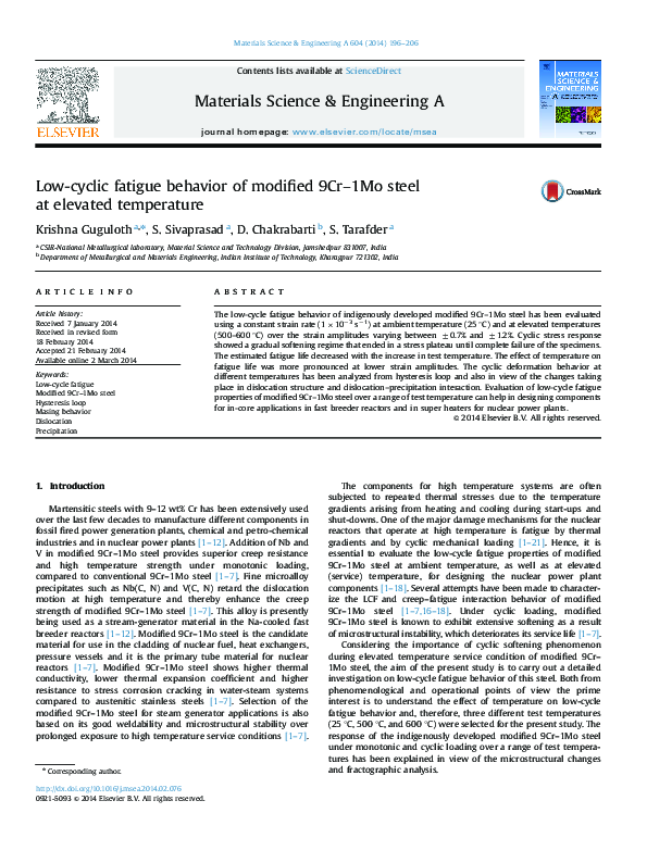 (PDF) Low-cyclic fatigue behavior of modified 9Cr–1Mo steel at elevated ...