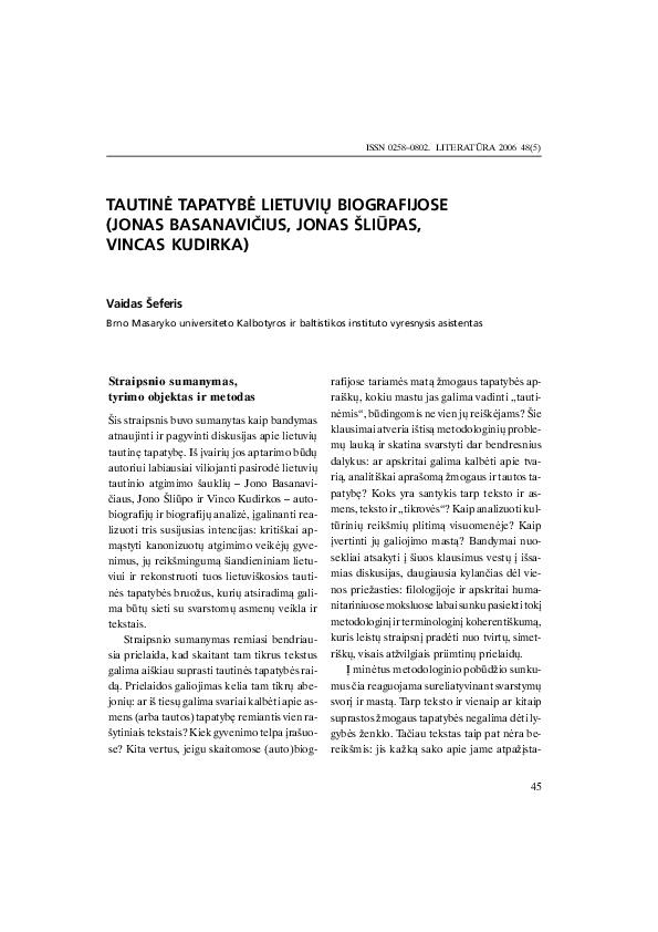 (PDF) Tautinė tapatybė lietuvių biografijose (Jonas Basanavičius, Jonas ...