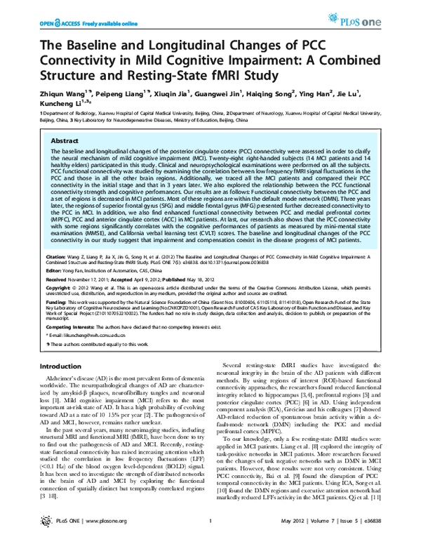 (PDF) The Baseline and Longitudinal Changes of PCC Connectivity in Mild ...