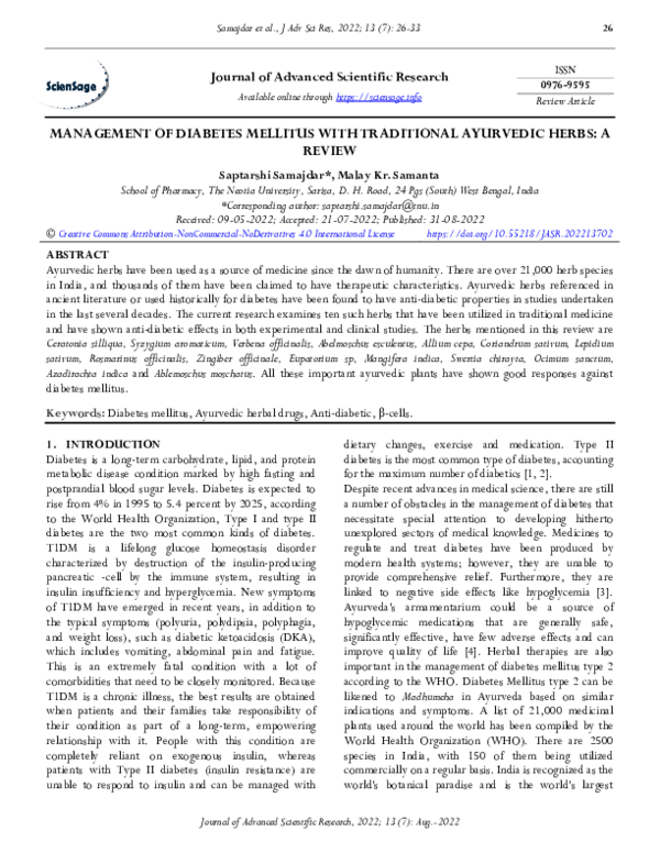 (PDF) Management of Diabetes Mellitus with Traditional Ayurvedic Herbs ...