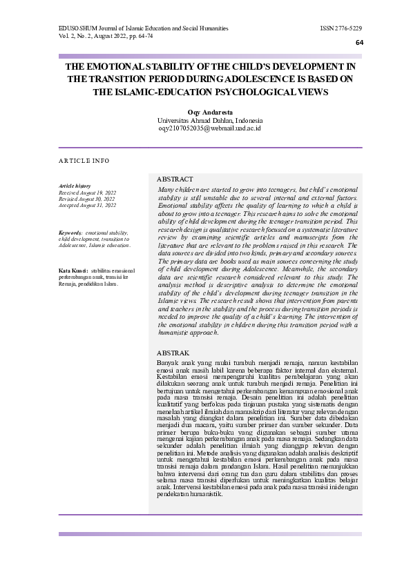 (PDF) The Emotional Stability of the Child’s Development in the ...