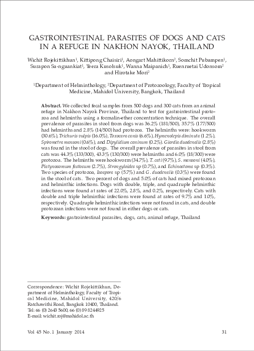 (PDF) Gastrointestinal parasites of dogs and cats in a refuge in Nakhon ...