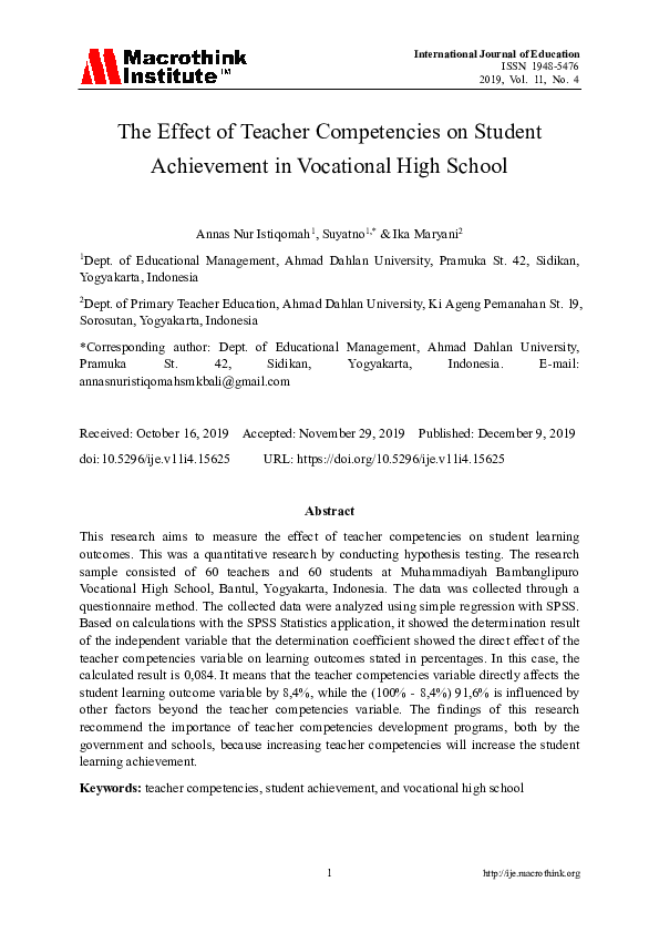 (PDF) The Effect of Teacher Competencies on Student Achievement in ...