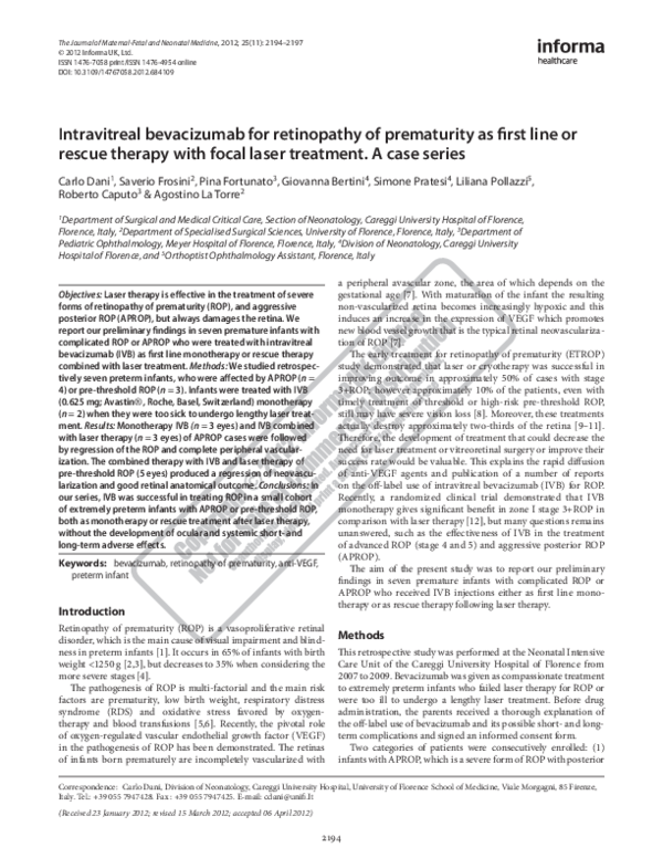(PDF) Intravitreal bevacizumab for retinopathy of prematurity as first ...