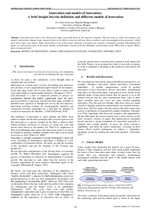 (PDF) Innovation and models of innovation: A brief insight into the ...
