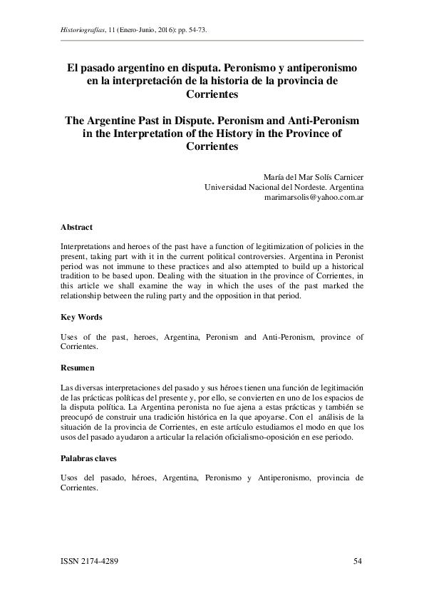 (PDF) El pasado argentino en disputa. Peronismo y antiperonismo en la ...
