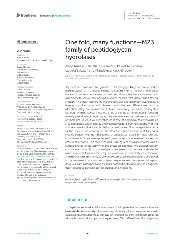 (PDF) One fold, many functions—M23 family of peptidoglycan hydrolases