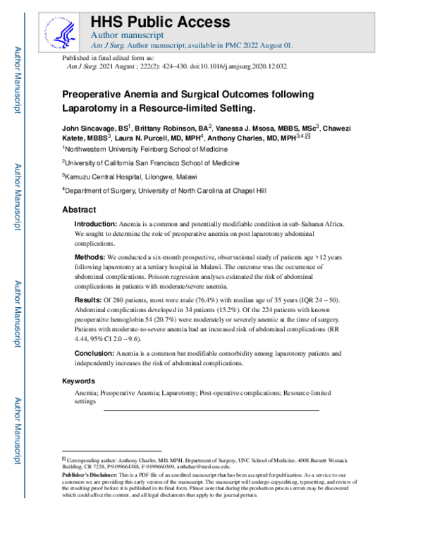 (PDF) Preoperative anemia and surgical outcomes following laparotomy in ...