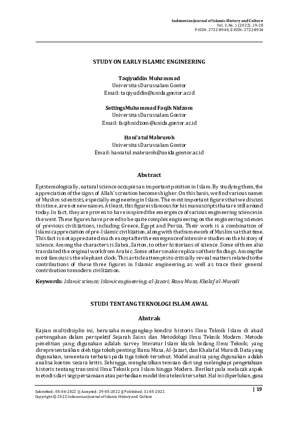 (PDF) Study on Early Islamic Engineering