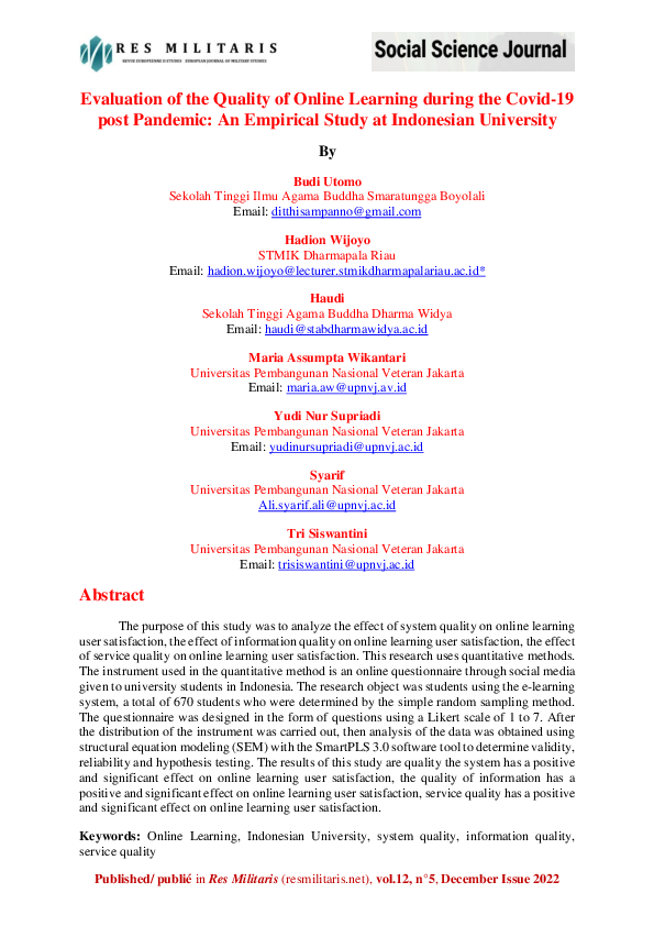 (PDF) Evaluation of the Quality of Online Learning during the Covid-19 ...