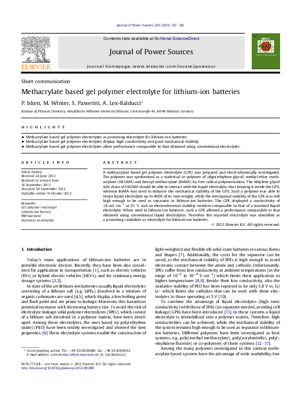 (PDF) Methacrylate based gel polymer electrolyte for lithium-ion batteries