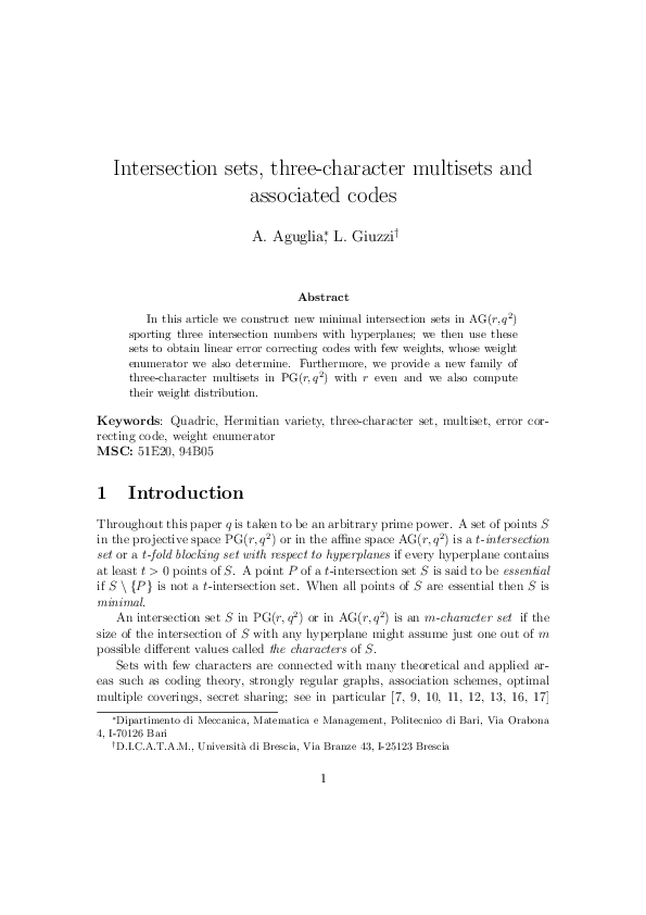 (PDF) Intersection sets, three-character multisets and associated codes