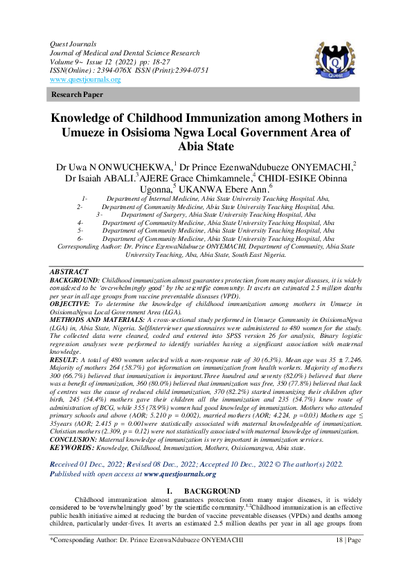 (PDF) Knowledge of Childhood Immunization among Mothers in Umueze in ...