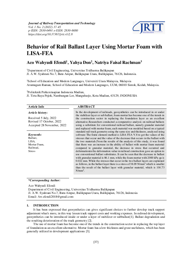 (PDF) Behavior of Rail Ballast Layer Using Mortar Foam with LISA-FEA