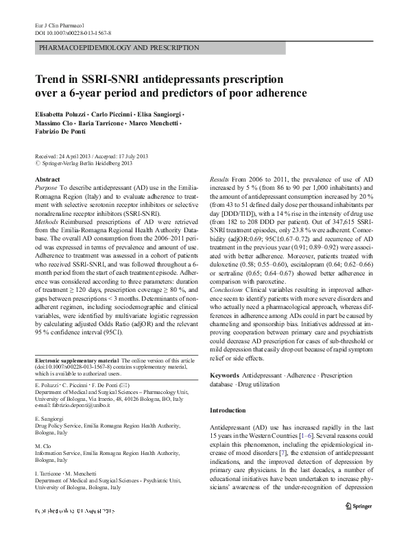 (PDF) Trend in SSRI-SNRI antidepressants prescription over a 6-year ...